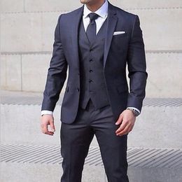 New High Quality Two Buttons Navy Blue Groom Tuxedos Notch Lapel Groomsmen Mens Wedding Business Prom Suits (Jacket+Pants+Vest+Tie) 606