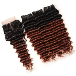 #1B/33 Dark Auburn Ombre Indian Deep Wave Human Hair Wefts with Closure 3Bundles Reddish Brown Ombre Weaves with 4x4 Lace Front Closure