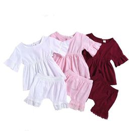 Kids Designer Clothes Baby Girls Ruffle Clothing Sets Summer Soft Breathable Top Lace Shorts Suits Child Casual T Shirt Harem Pants BYP469