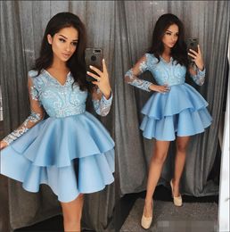 2019 New Light Blue Homecoming Dresses Short Mini V Neck Long Sleeves Lace Applique Beaded Custom Made Satin Tiered Party Evening Gown