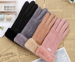 Touch screen suede fuzz gloves for women, warm and thick autumn and winter, solid color points to cycling gloves