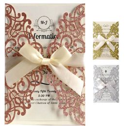 Rose Gold Glitter Laser Cut Invitations Cards With Ribbons Wedding Bridal Shower Engagement Birthday Party Graduation XD21513