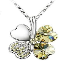 Clover Choker Necklaces Austrian Crystal Four Leaves Pendant Necklace Simple Leaf Design Silver Chain Charm Jewellery for Women Girl Pink Blue