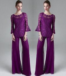 Classy Purple Lace Mother Of The Bride Pant Suits Sheer Jewel Neck Long Sleeves Wedding Guest Dress Plus Size Chiffon Mothers Groom Dresses