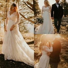 Country A Line Wedding Dresses V Neck Long Sleeves Full Lace Appliques Crystal Beads Empire Waist Sweep Train Bohemian Bridal Gowns