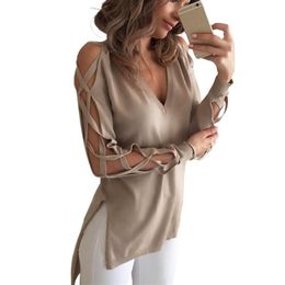 Sexy Bandage Aushöhlen Langarm Frauen Bluse Shirt Frühling Herbst V-ausschnitt High Low Split Tops Club Party Blusas