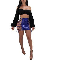 Blue Lace-up Side Sexy Skirt Women Exotic Bandage Mini Skirt Night Bar Party Clubwear Faux Leather Bodycon Package Hips Bottoms