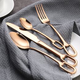 4Pcs Dinnerware Set Spoon Fork Knife Stainless Steel Hanging Hole Tableware Set Western Cutlery Set Kitchen Bar Party Supplies 5 Colours