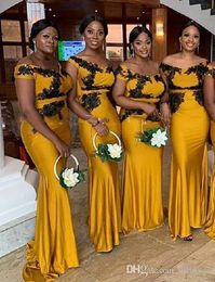 Yellow Plus Size Mermaid Bridesmaid Dresses Off Shoulder Lace Appliques Floor Length Maid of Honour Wedding Guest Dress Formal Dress Robe