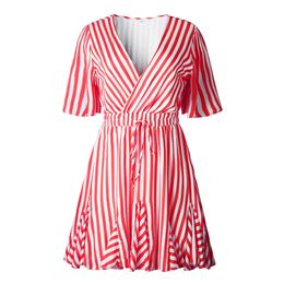 Women Vintage Striped Dress V Neck Short Sleeve Ruffle Short Summer Dress Sexy Casual Lady Mini Dress Female Vestidos 2019 New