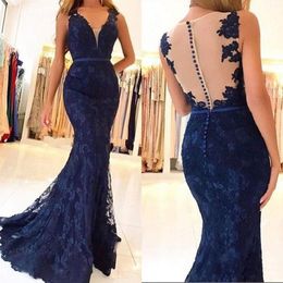 Elegant V Neck Navy Blue Mermaid Lace Evening Dresses Long See Through Back Satin Evening Gown Formal Prom Party Gown