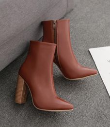 Hot Sale-Plus size 35 to 42 brown PU leather wood grain chunky heel pointed ankle boots winter boots 11cm