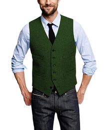 Green Groom Vests 2020 wool herringbone groom vest Five Button Pockets Men's Suit Vests Slim Fit Men's Dress Vests Wedding Waistcoat