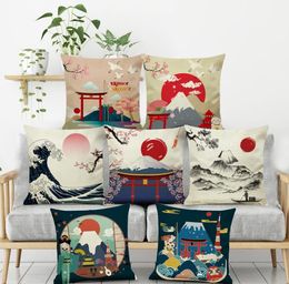 1x vintage linen sofa cushion cover japanese style ukiyoe linen throw pillowcase fuji mountain ethnic car office cushion cover 42x42cm