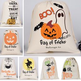 Halloween Pumpkin Bags Canvas Drawstring Christmas Gift Wrap Bags Tricks Or Treat Printed Festival Party Decor 9 Designs XD21754