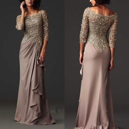 2020 Hot Silver Flower Lace Elegant Evening Dresses Women With Poet Sleeves Beads Scoop Open Back Chiffon Mother Of The Bride Dress Cheap