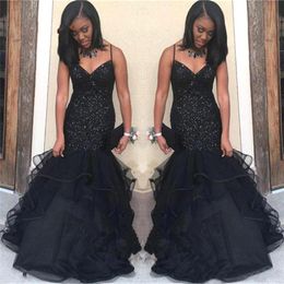 Black Girl Mermaid Prom Dresses Spaghetti Straps Sparkly Sequins Tiered Skirt Floor Length Evening Party Gown Formal Ocn Wear