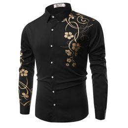 Men's Casual Shirts Mens Long Sleeve Fashion Rose Flower Gold Print Floral Shirt Slim Fit Clothing