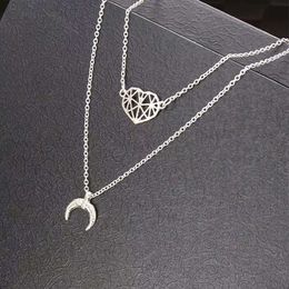 Wholesale- heart crescent pendant necklaces for women silver Double-deck link chains moon necklace simple girl korean Jewellery free shipping