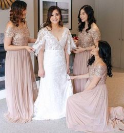 2024 Bling A Line Bridesmaid Dresses Off Shoulder Top Sequined Cap Sleeves Tulle Floor Length Plus Size Wedding Guest Maid Of Honour Gowns 403