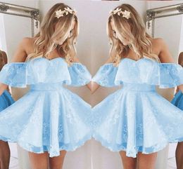 Aqua Blue Lace Appliqued Short Prom Dresses Off The Shoulder Open Back Party Gowns Piping Ruffles Graduation Dress Girls Homecoming Dress