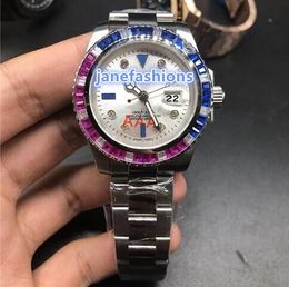 Fully automatic men's brand watch silver stainless steel fashion luxury watches Colourful diamond bezel business popular watches