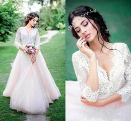 2020 Blush Pink Dresses Scalloped V Neck Lace Applique Tulle 3/4 Long Sleeves Floor Length Wedding Bridal Gown Vestido De Novia 401 401