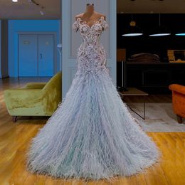 Light Blue Luxury Evening Dresses Sparkly Lace Appliqued Feather Off Shoulder A Line Prom Dress Party Wear Custom Made Formal Gowns