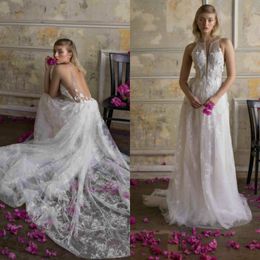 boho aline wedding dresses jewel sleeveless lace appliqued wedding gown backless custom made sweep beach train robes de marie