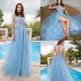 Sky Blue Beach Prom Dresses V Neck Lace Appliques Feather Side Split Plus Size Evening Gowns Abendkleider robes de soirée