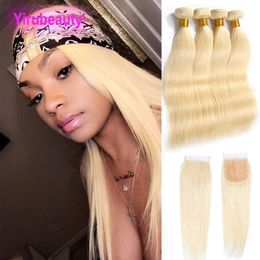 Peruvian Human Hair 4 Bundles With 4X4 Lace Closure 613 Blonde Silky Straight Virgin Hair 5 Pieces one Set Hair Wefts