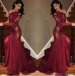 Elegant Burgundy One Shoulder Mermaid Prom Dresses Long Sleeve Chiffon Lace Applique Plus Size Formal Evening Gowns Cutsom Vestidos