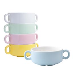 Ceramic Stackable Cereal Soup Bowl with Double Handles Classic Breakfast Dinnerware for Home Restaurant Hotel 10 oz