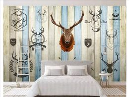 papel de parede 3D wallpapers custom photo mural wall paper Vintage nostalgic nordic elk deer head wood planks flowers mural background wall