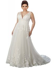 A-line Country Plus Size Wedding Dresses Lace Applique Empire Waist Deep V-neck Open Back Custom Made Boho Wedding Dress