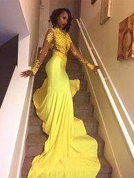 Yellow Mermaid Prom Dress High Neck Long Sleeves Sweep Train With Lace Applique Soft Satin Evening Dresses Vestidos De Fiesta