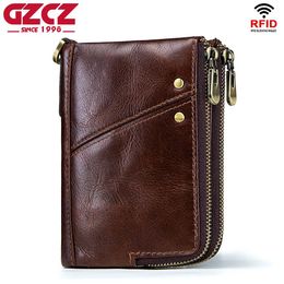 Men's RFID Blocking Genuine Leather Bifold Zip-around Wallet with Double Zipper Pockets Credit Card Holder Elegant Gift