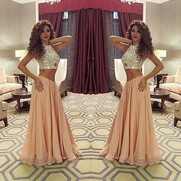 2023 New Myriam Fares Prom Dress Two Pieces Champagne Rhinestone/Crystal Keyhole Chiffon Floor-Length Evening Dresses 925