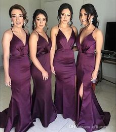 Sexy Stunning Grape Purple V Neck Spaghetti Backless Mermaid Bridesmaid Dresses Open Bsck Formal Prom Evening Dress Wedding Guest Gowns
