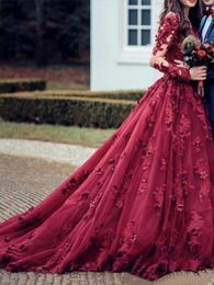2020 New Sexy Burgundy Ball Gown Quinceanera Dress Sheer Neck Lace 3D Appliques Beaded Sweep Train Puffy Plus Size Custom Prom Evening Gowns