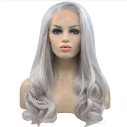 Parrucca Anteriore In Pizzo Sintetico Grigio Onda Lunga Di Trasporto Libero Argento Parrucca Capelli Per Capelli Glueless Resistenti Al Calore