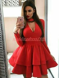 Hot Selling Arabic Satin Homecoming Dresses Tiered Long Sleeve Cheap Party Club Wear Knee Length Cheap A-Line Juniors Cocktail Prom Dress