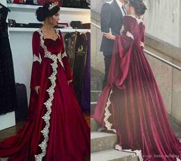 2019 New Arabic Dubai Long Sleeves Kaftan Evening Dress Vintage Modest Cheap Burgundy Formal Celebrity Party Gown Custom Made Plus Size