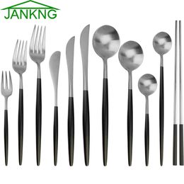 JANKNG 6Pcs Black Silver Stainless Steel Dinnerware Sets Forks Knives Chopsticks Little Spoon for Coffee Kitchen Tableware Party Accessory