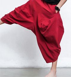 New Japanese Samurai Baggy Linen Cotton Bloomers Casual Boho Low Drop Crotch pants Oversized Hakama Sweatpants 70203