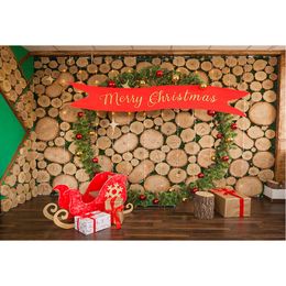 Merry Christmas Backdrop for Newborn Photography Printed Timbers Wall Green Pine Garland Balls Kids Baby Shower Photo Background