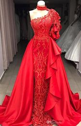 plus size mermaid red one shoulder prom dresses lace appliques beaded with detachable skirt long evening gowns party dress