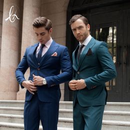 Blue/Green Groom Tuxedos Peak Lapel Groomsman Wedding 3 Piece Suit Fashion Men Business Prom Party Jacket Blazer(Jacket+Pants+Tie+Vest) 79