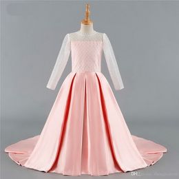 New Cute Pink Flower Girl Dresses For Weddings Ball Gown Long Sleeves Satin Lace Bow Long First Communion Dresses For Little Girl