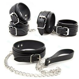 Bondage Black Leather Slave Handcuffs Ankle Cuffs Restraints Neck Collar W/ Chain Leash A876